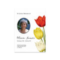 Memorial card with a photo of a woman, text, and colorful tulips on a white background