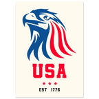 Logo of an eagle with American flag colors and 'USA EST 1776' text on a white background