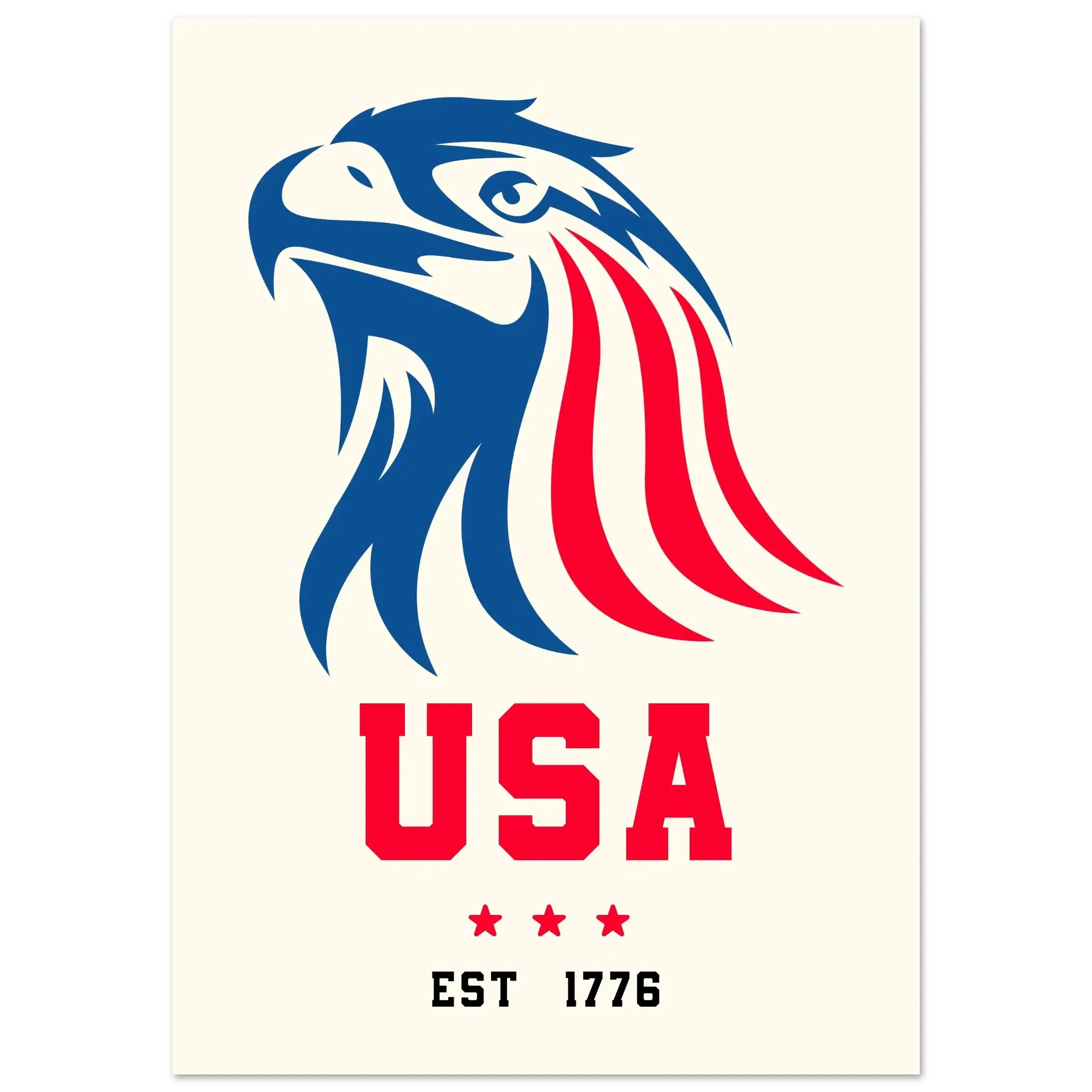 Logo of an eagle with American flag colors and 'USA EST 1776' text on a white background