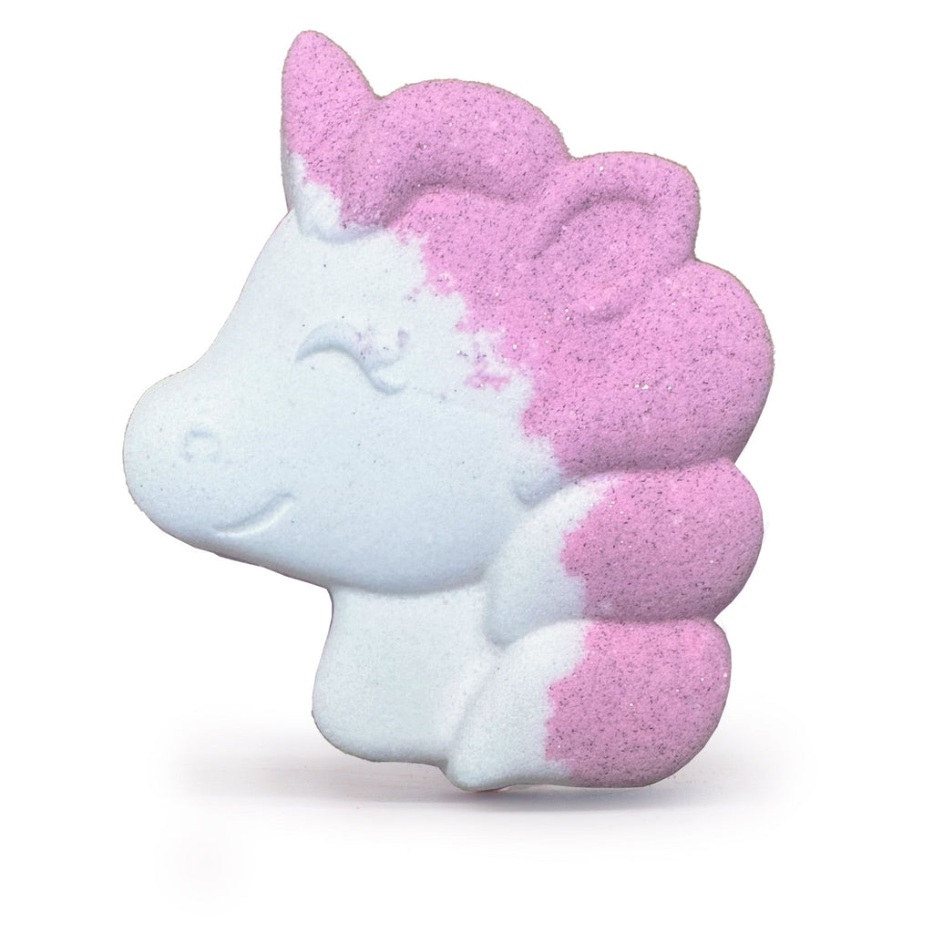 Unicorn-shaped bath bomb with pink and white color scheme on a white background