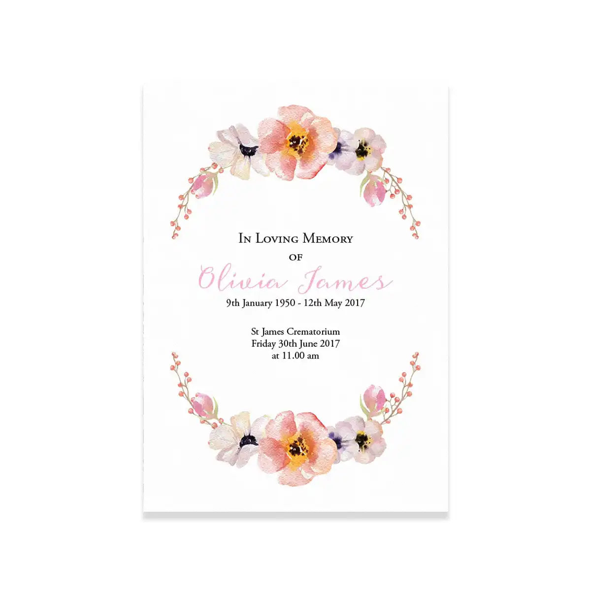 Memorial card with floral design and text on a white background by MVB STUDIO