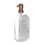 Clear glass bottle with a copper pump on a dark blue background