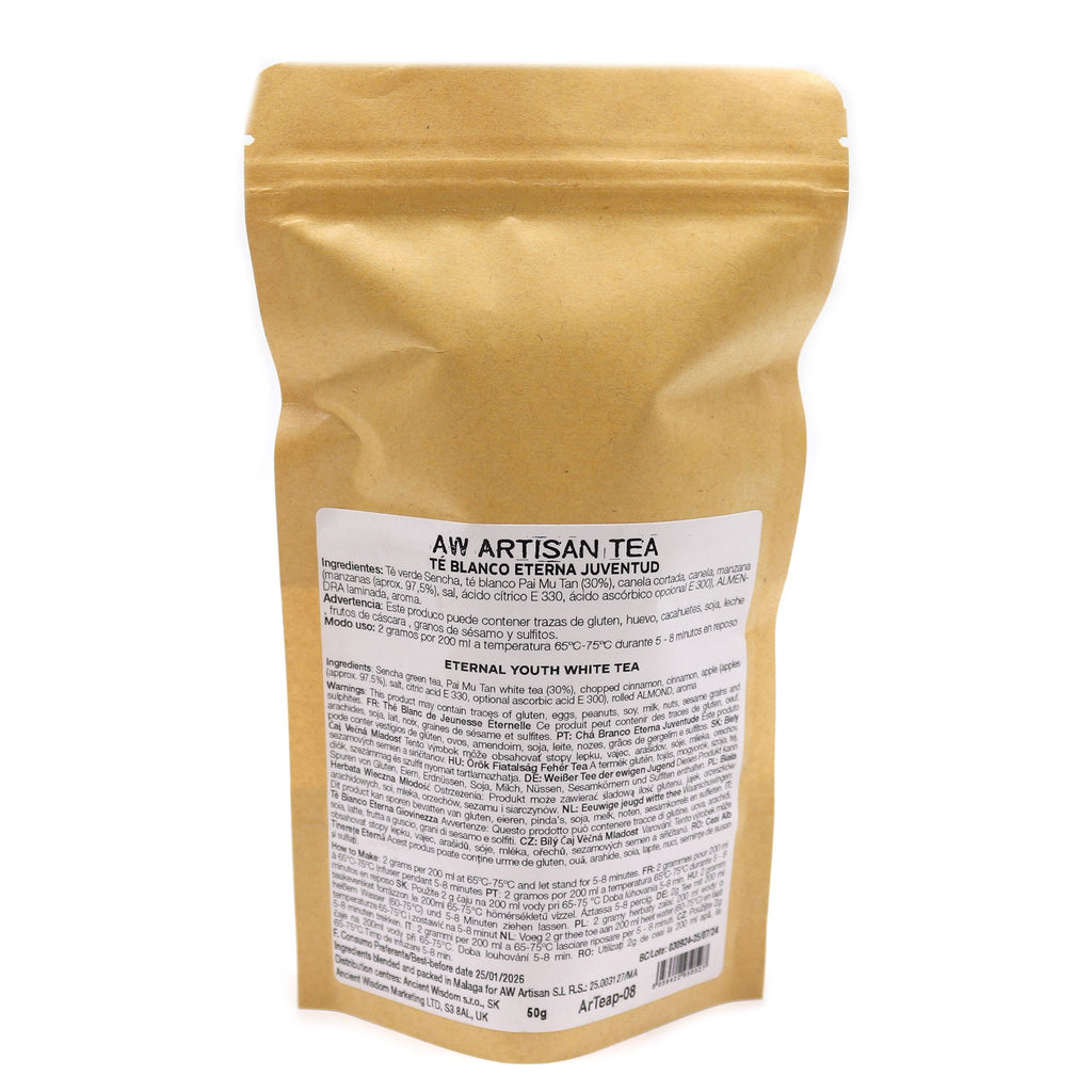 White Tea with Sencha, Apple & Cinnamon - 50g packaging with a label on a white background