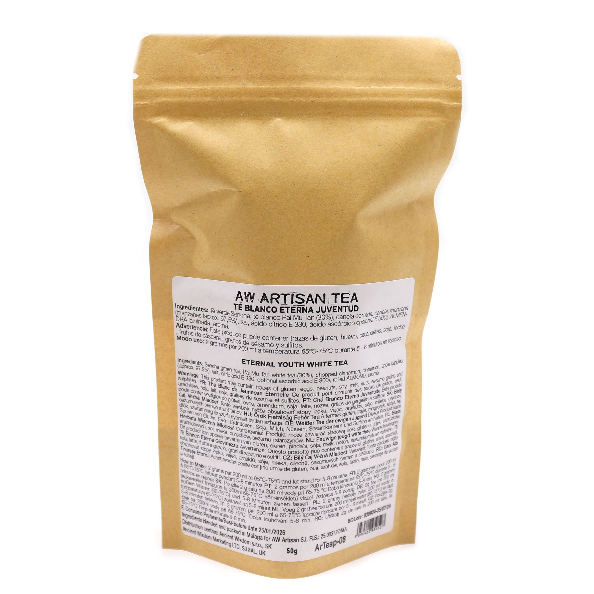 White Tea with Sencha, Apple & Cinnamon - 50g packaging with a label on a white background