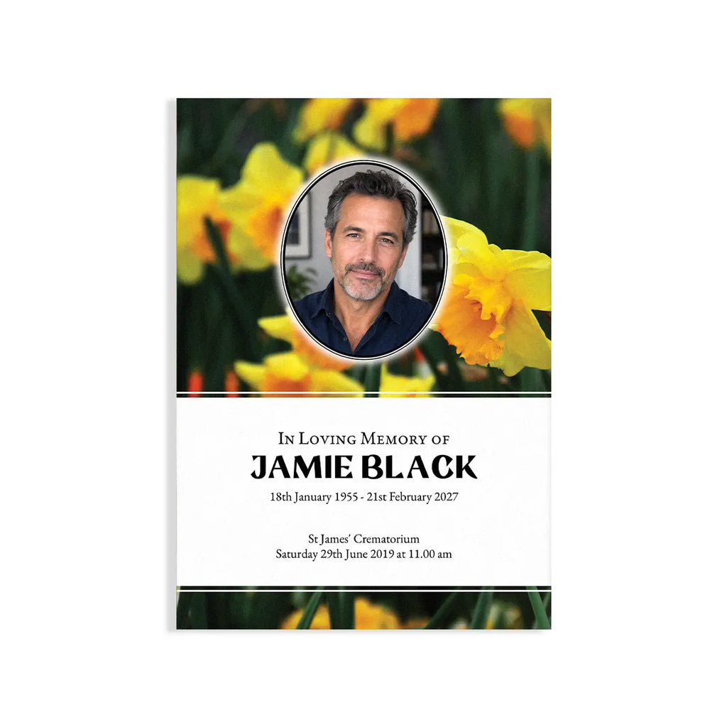 A memorial card or print with a floral background of yellow flowers, a circular portrait photo of a man, and the text 'In Loving Memory of Jamie Black' with memorial details below.