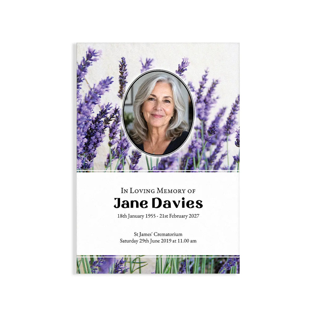 A memorial card design with a lavender field background, a circular portrait photo of a woman, and black text reading 'In Loving Memory of Jane Davies' with dates and service details below.