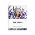 A memorial card design with a lavender field background, a circular portrait photo of a woman, and black text reading 'In Loving Memory of Jane Davies' with dates and service details below.