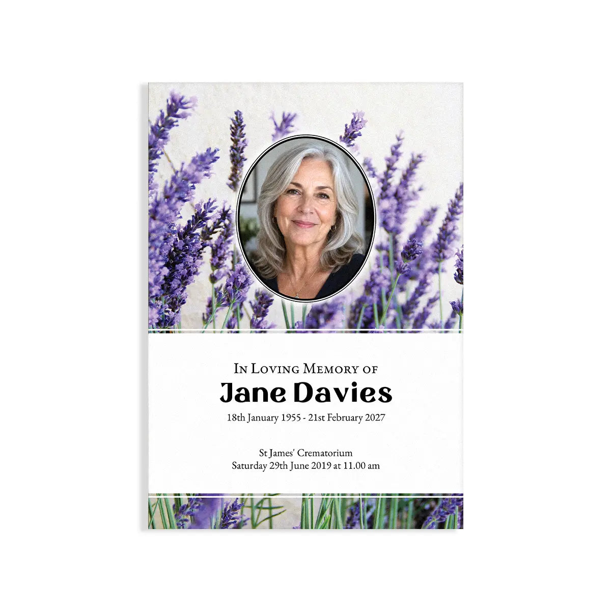 A memorial card design with a lavender field background, a circular portrait photo of a woman, and black text reading 'In Loving Memory of Jane Davies' with dates and service details below.
