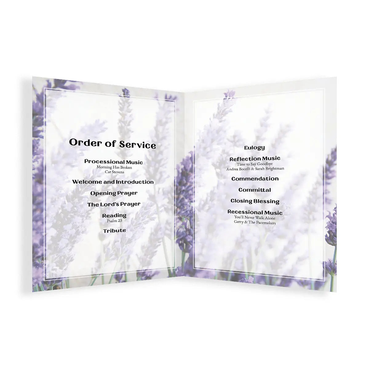 A lavender-themed order of service booklet shown open against a white background. The pages feature a soft purple and white floral design with black printed text outlining service steps, including procession music, welcome and introduction, prayer, reading, and communion music.