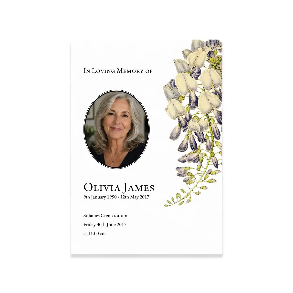 Memorial card for Olivia James with floral design and portrait of a woman.