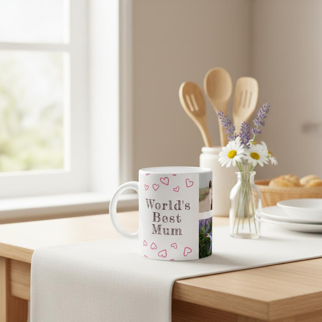 Mug with 'World's Best Mum' text on a kitchen counter with flowers and utensils.