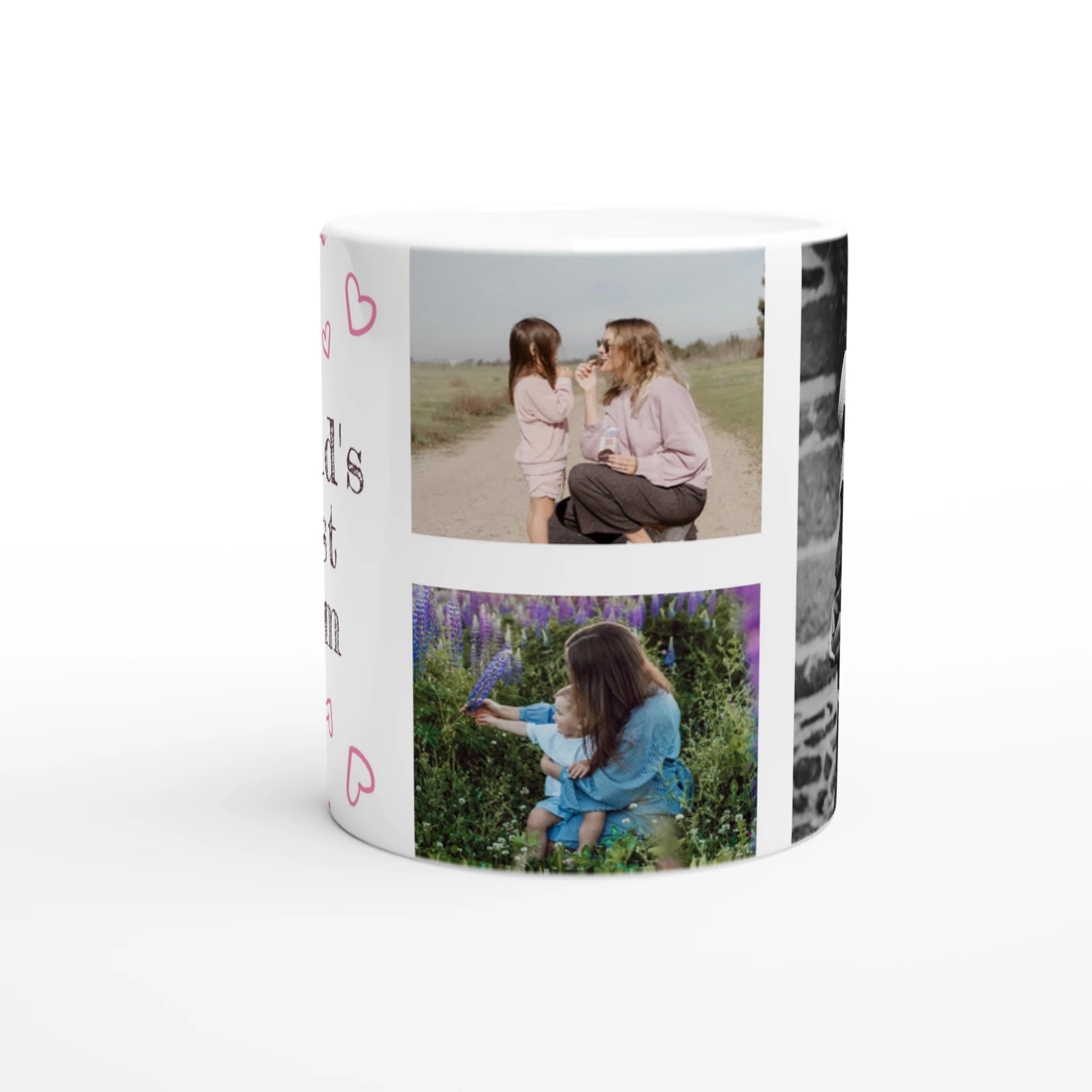 Personalized mug with two photo collage designs on a white background