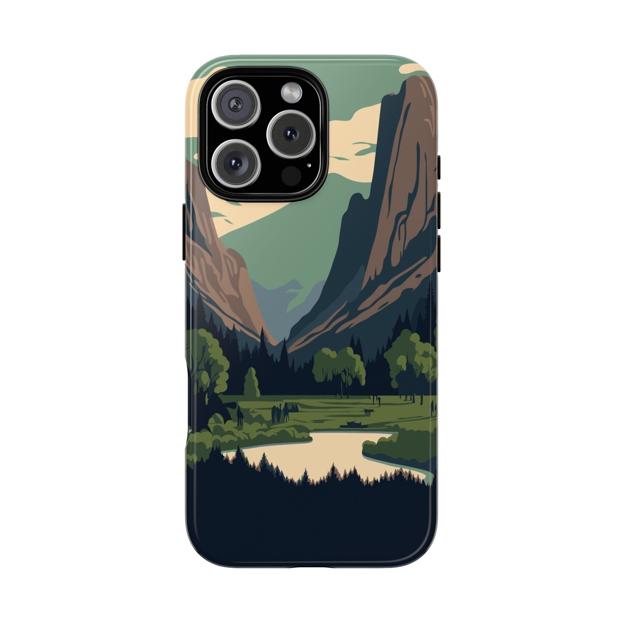 Phone case with a mountain and landscape design on a white background
