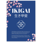 Poster titled “IKIGAI” with Japanese characters beneath, set on a deep blue background with cherry blossom illustrations, a white interlocking circle symbol, and explanatory text about the meaning of ikigai.