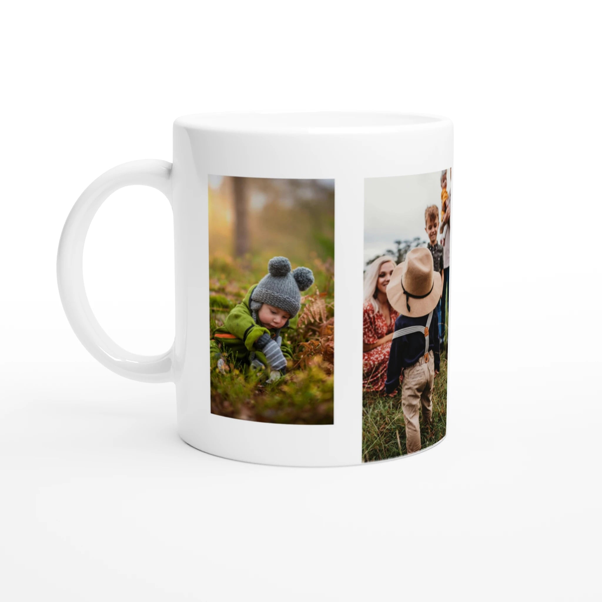 White mug with two photo collage designs on a white background