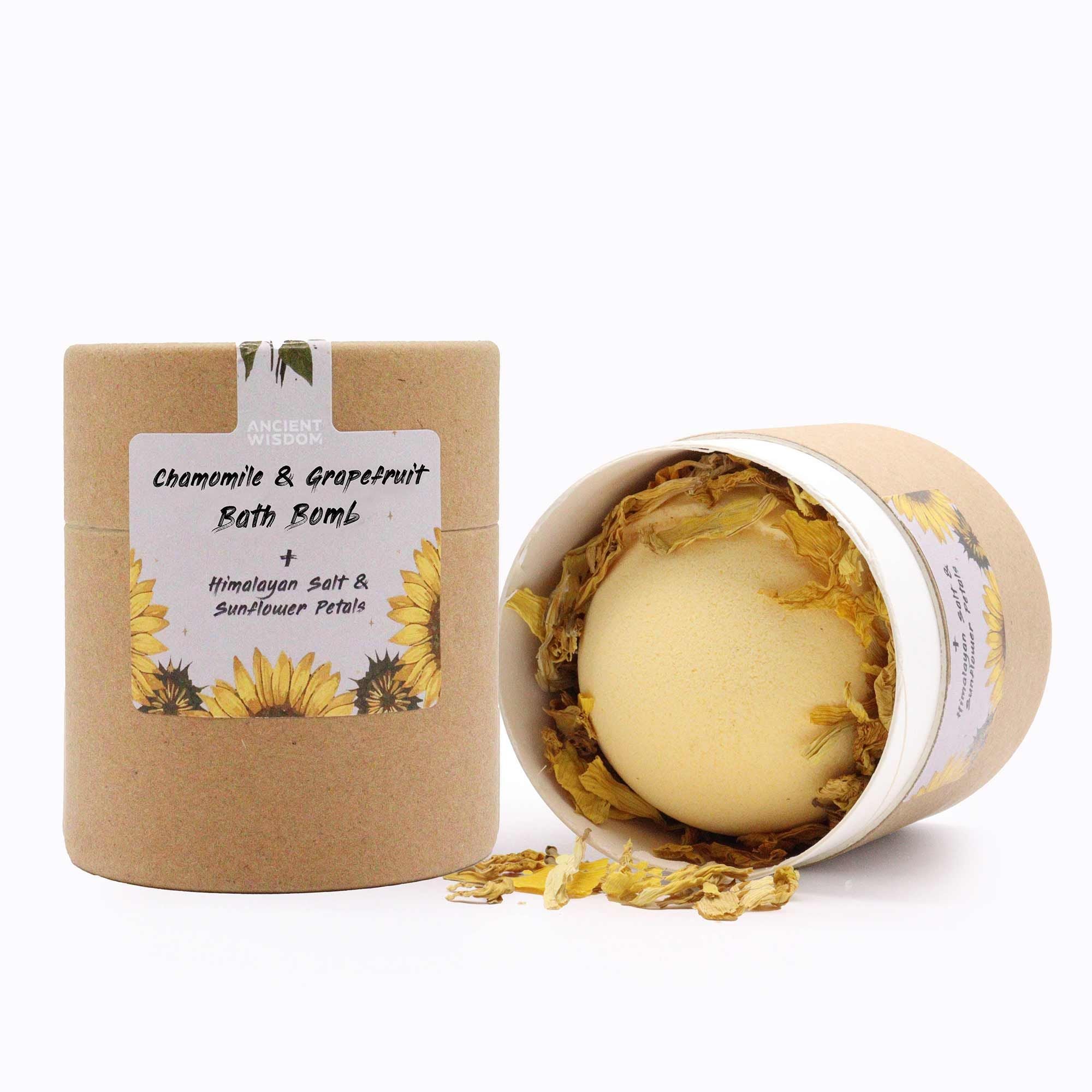 Packaging and yellow bath bomb sunflower flavour