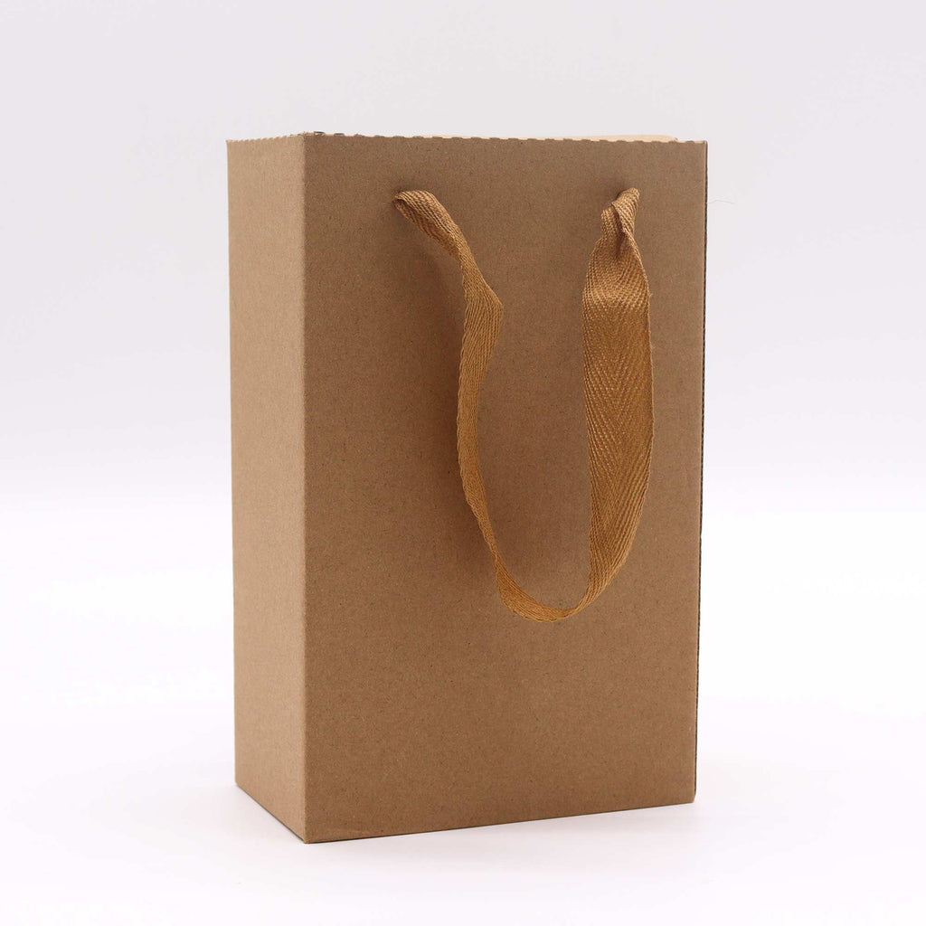 Brown paper gift bag with handles on a white background