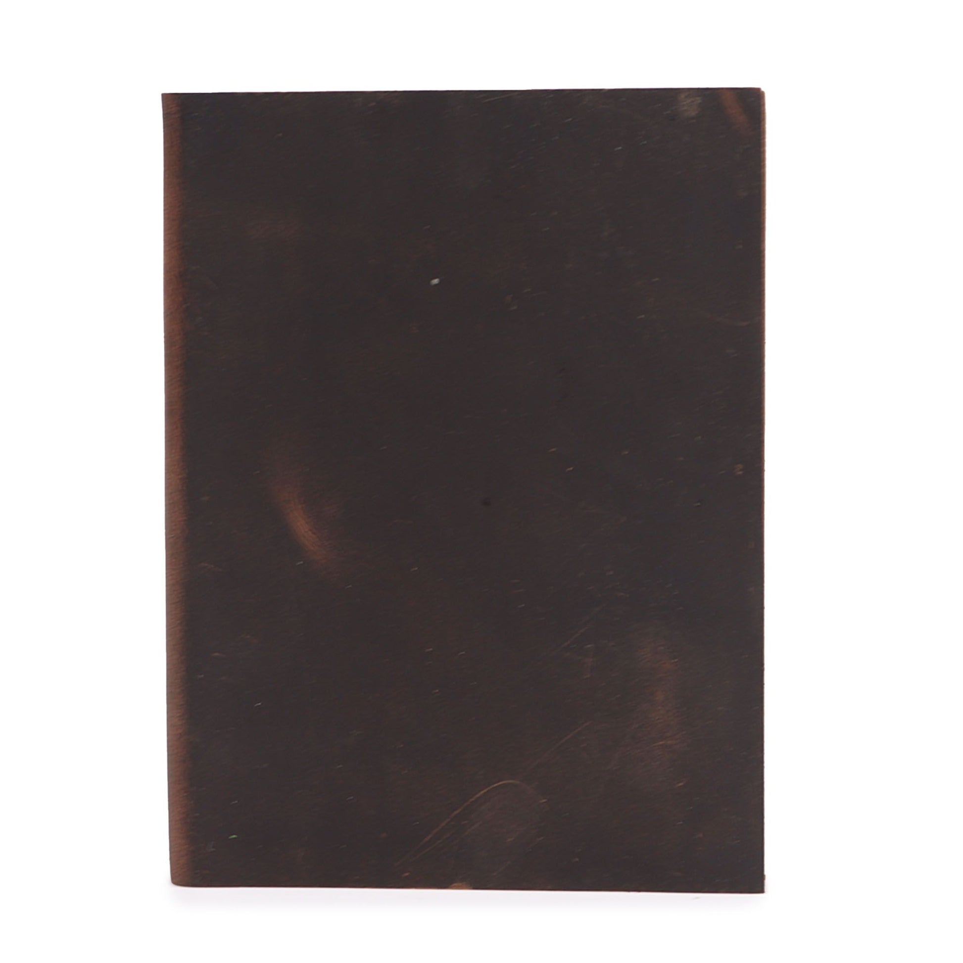 Dark brown leather-bound book on a white background