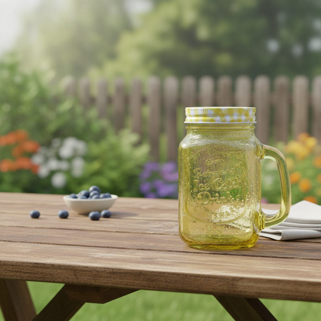 Yellow glass jar with handle on a wooden table outdoors