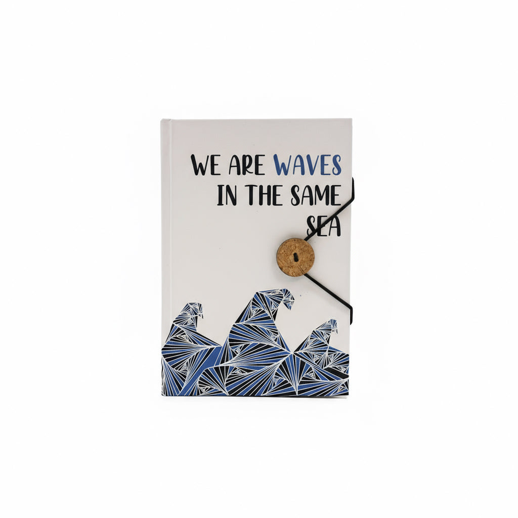 Notebook with geometric wave design and cork button on a white background