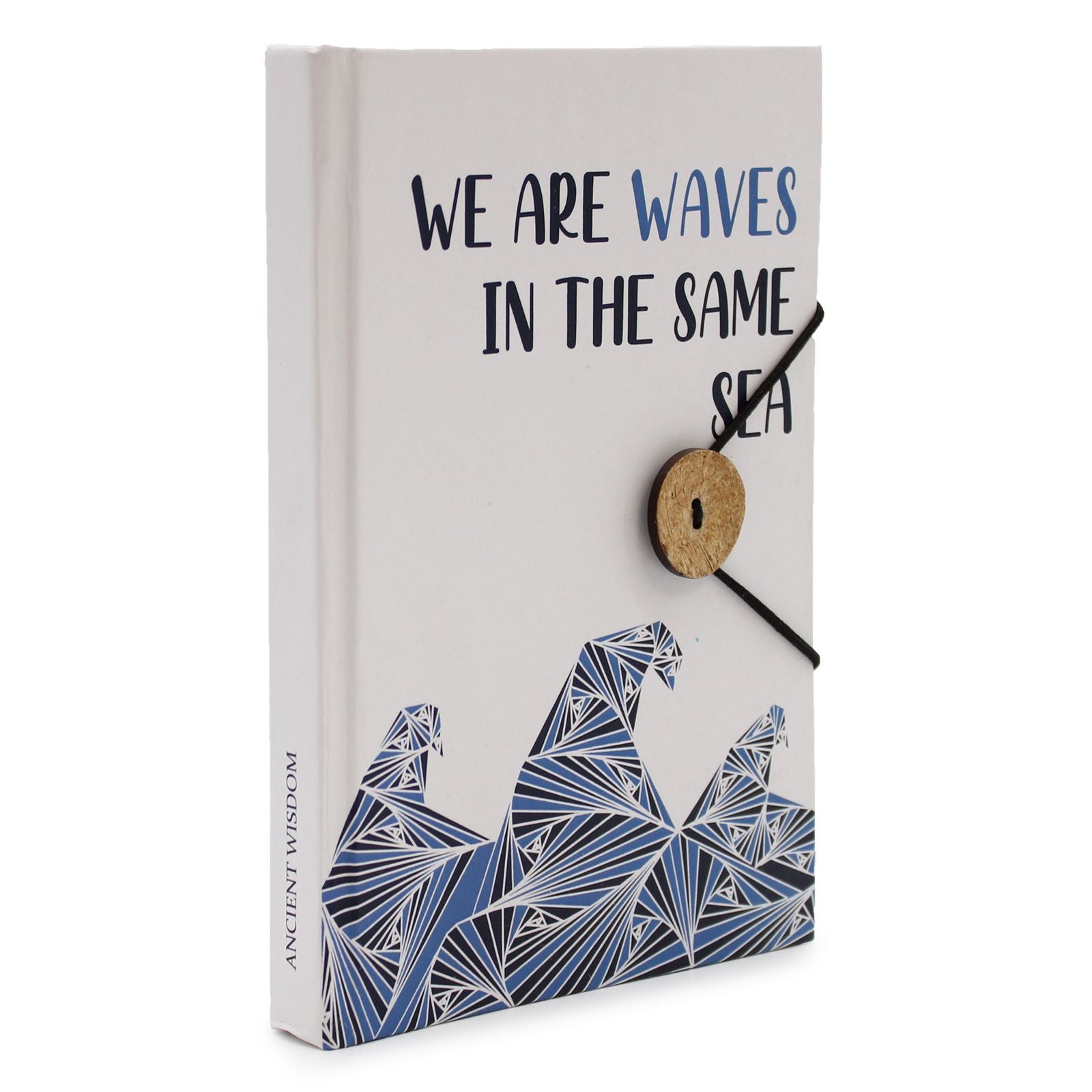 Book with geometric wave design and text 'We are waves in the same sea' on a white background