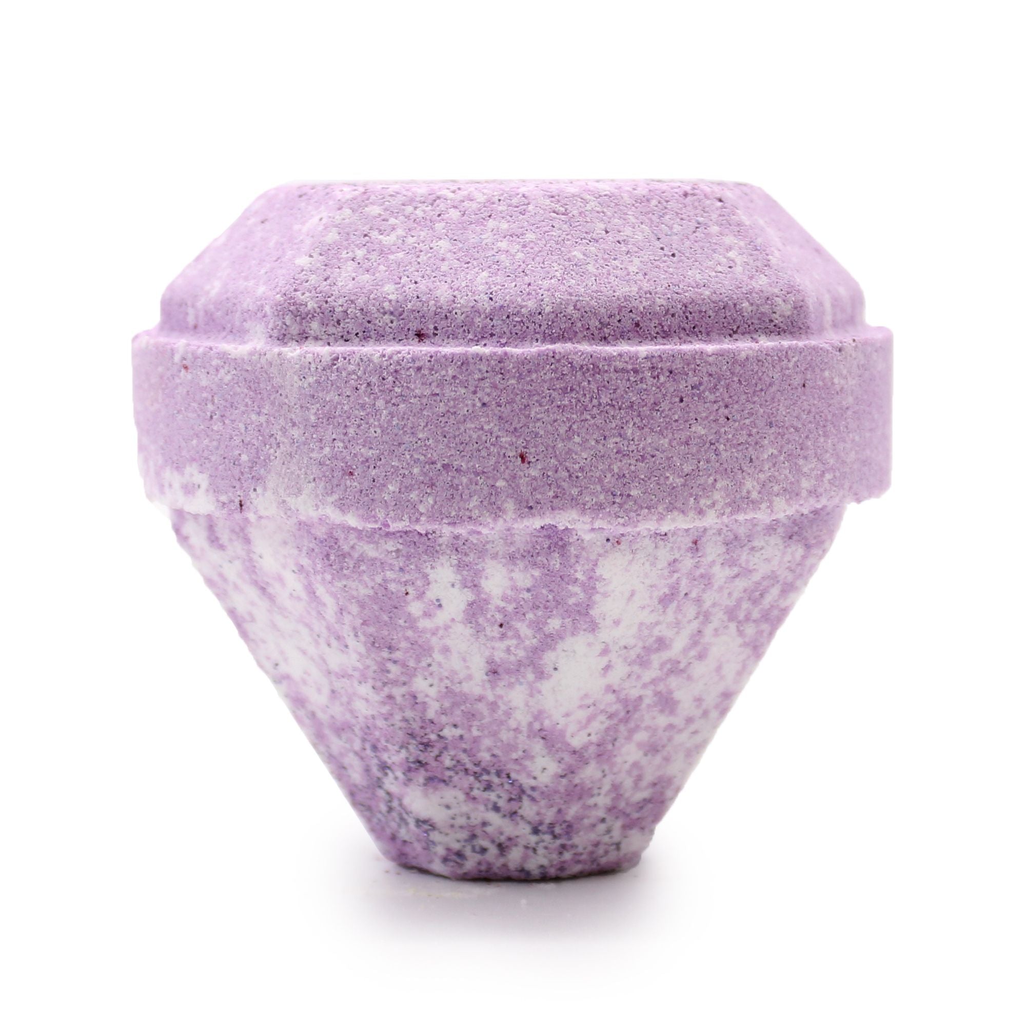 Purple and white speckled bath bomb on a white background