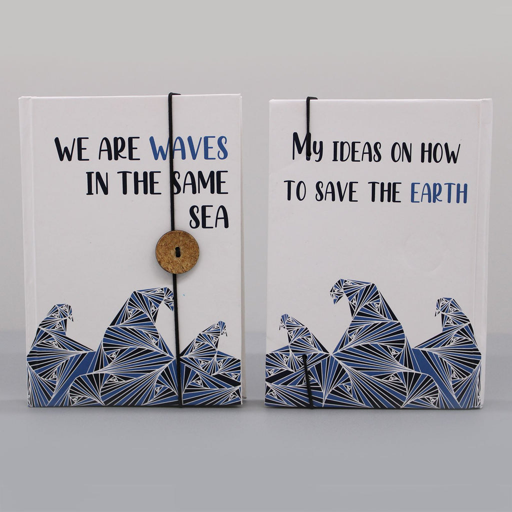 Two books with blue wave designs and text on a gray background