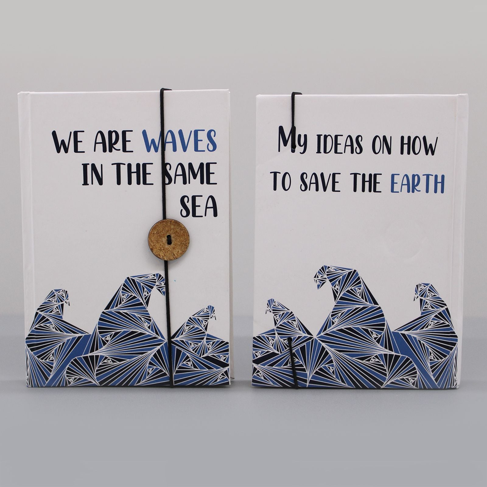 Two books with blue wave designs and text on a gray background