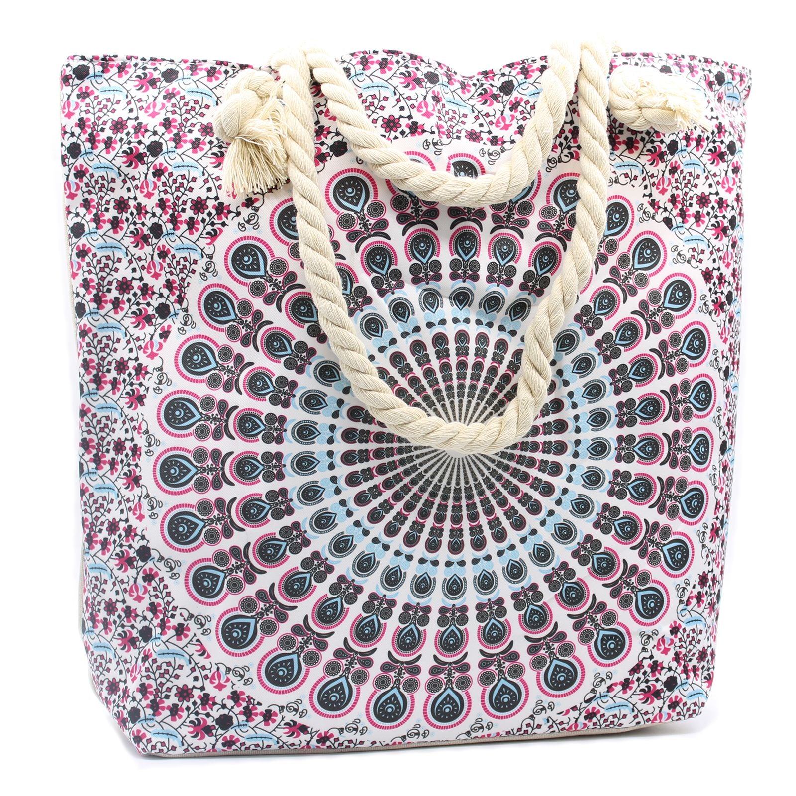 Floral patterned tote bag with rope handles on a white background