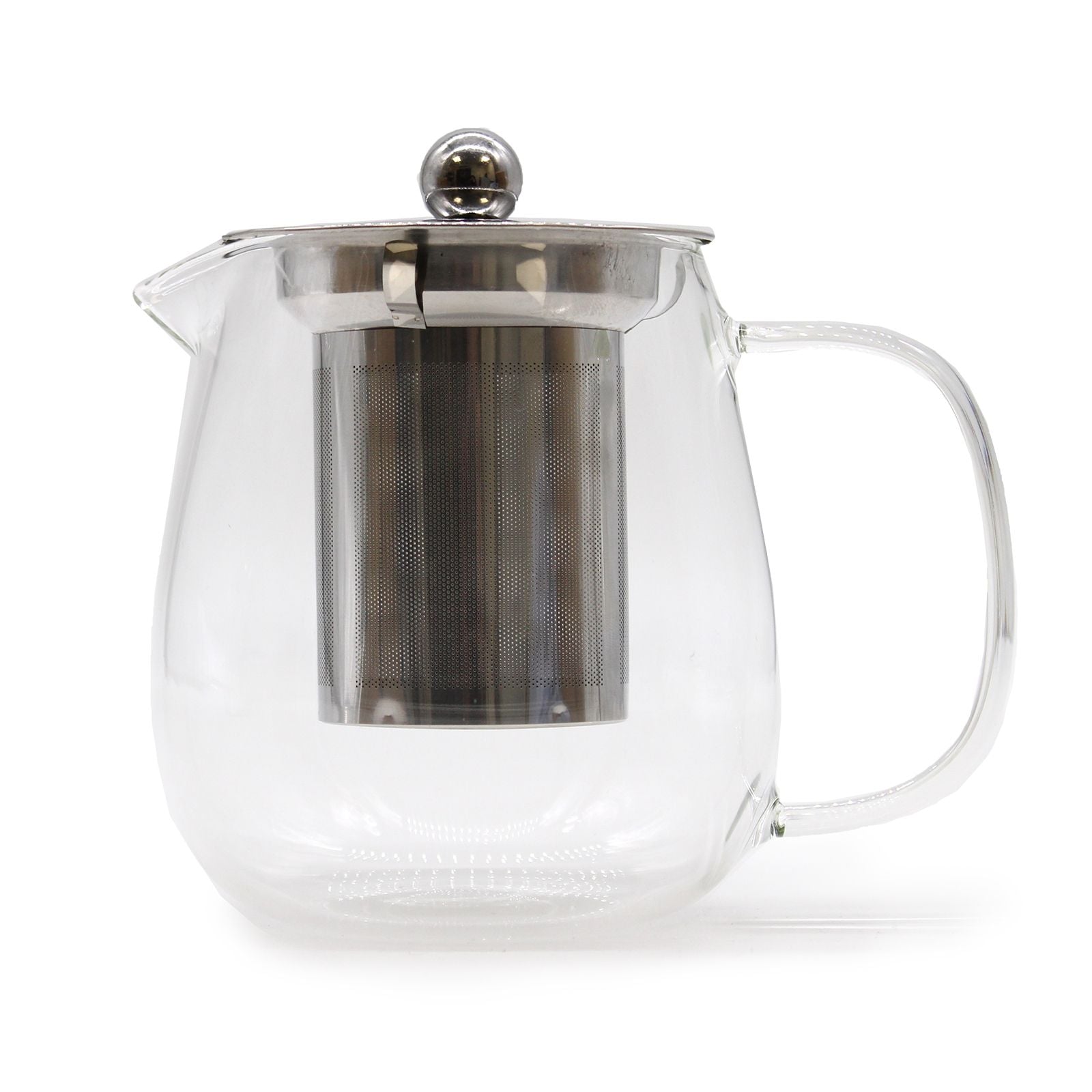 Clear glass teapot with metal infuser on a white background