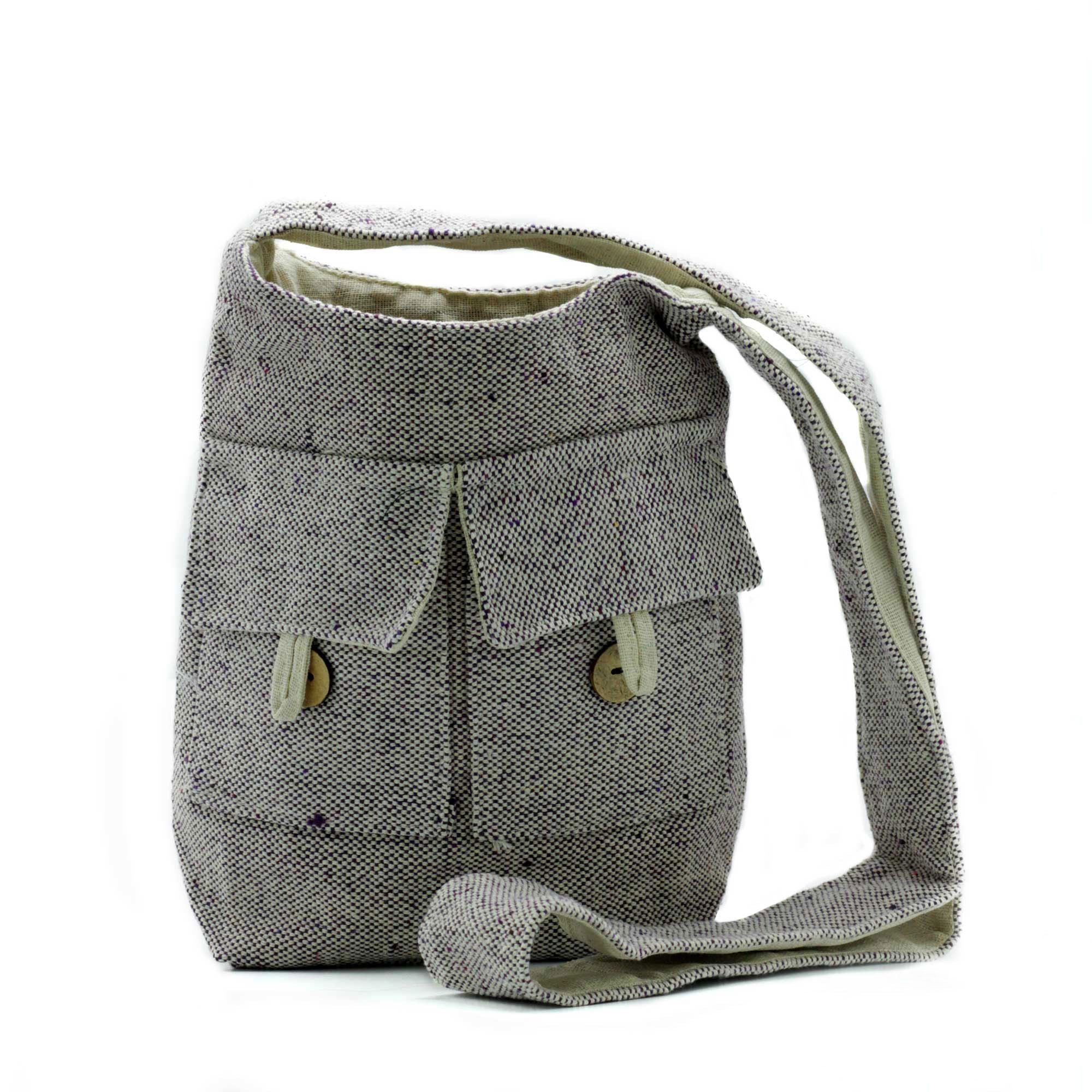 Gray textured shoulder bag with two pockets on a white background