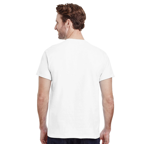 White t-shirt of a burger with a flag with a red and blue graphic design featuring stars on a white background back view