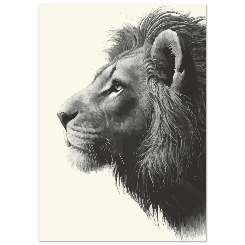 Black and white drawing of a lion's head on a light beige background
