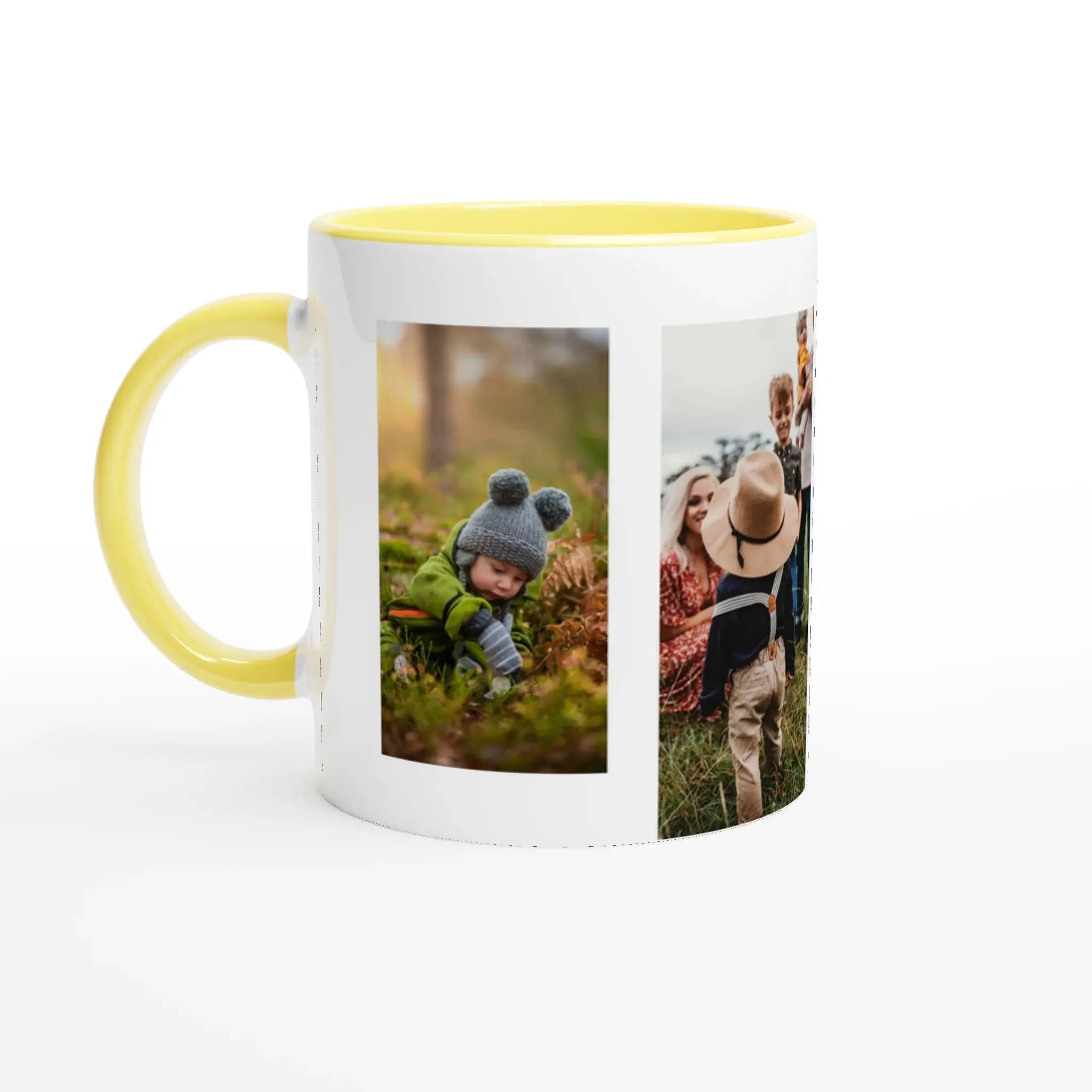 Mug with yellow handle featuring two photos of children outdoors