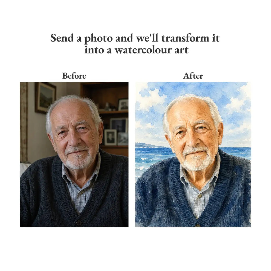 Before and after comparison of a watercolor painting of an older man for Funeral order of service design by MVB STUDIO