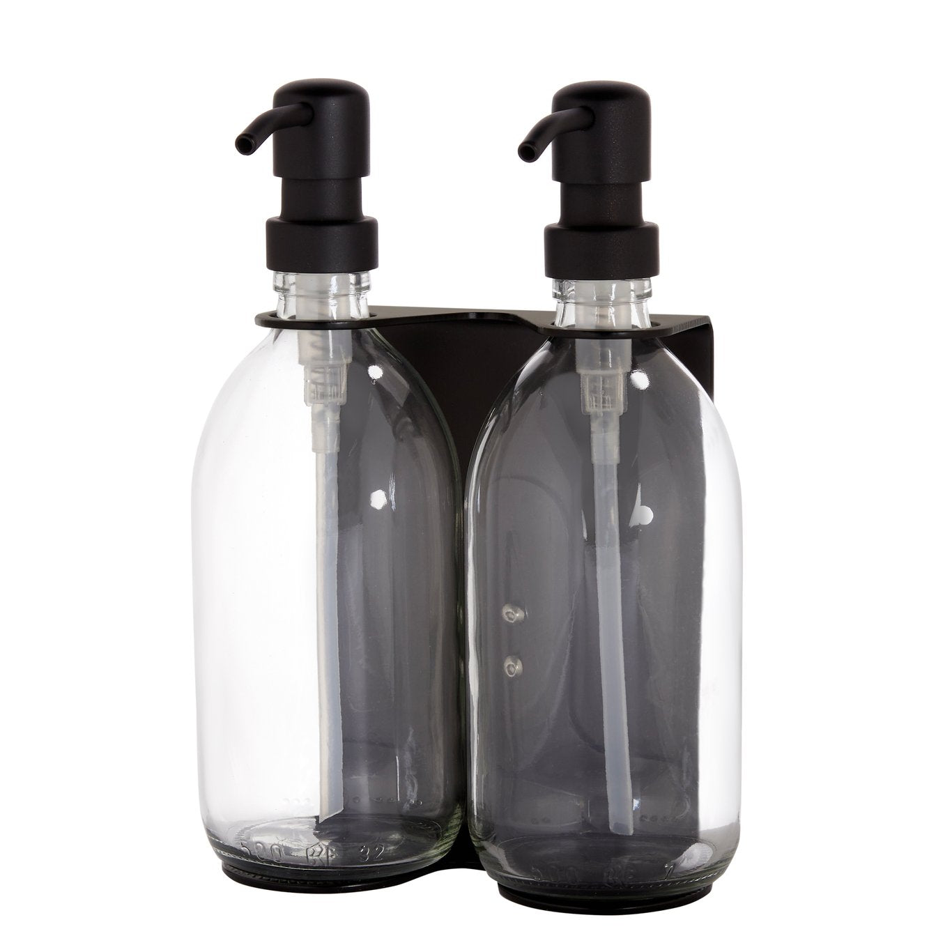 Two clear bottles with black pumps in a black holder on a white background
