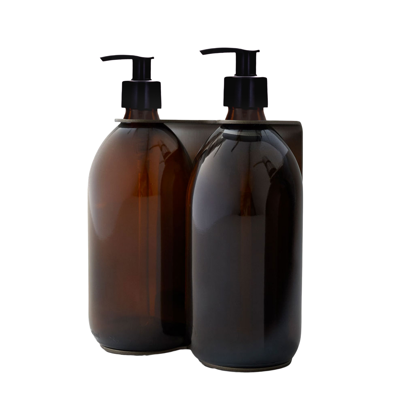 Two brown glass bottles with black pump dispensers on a white background