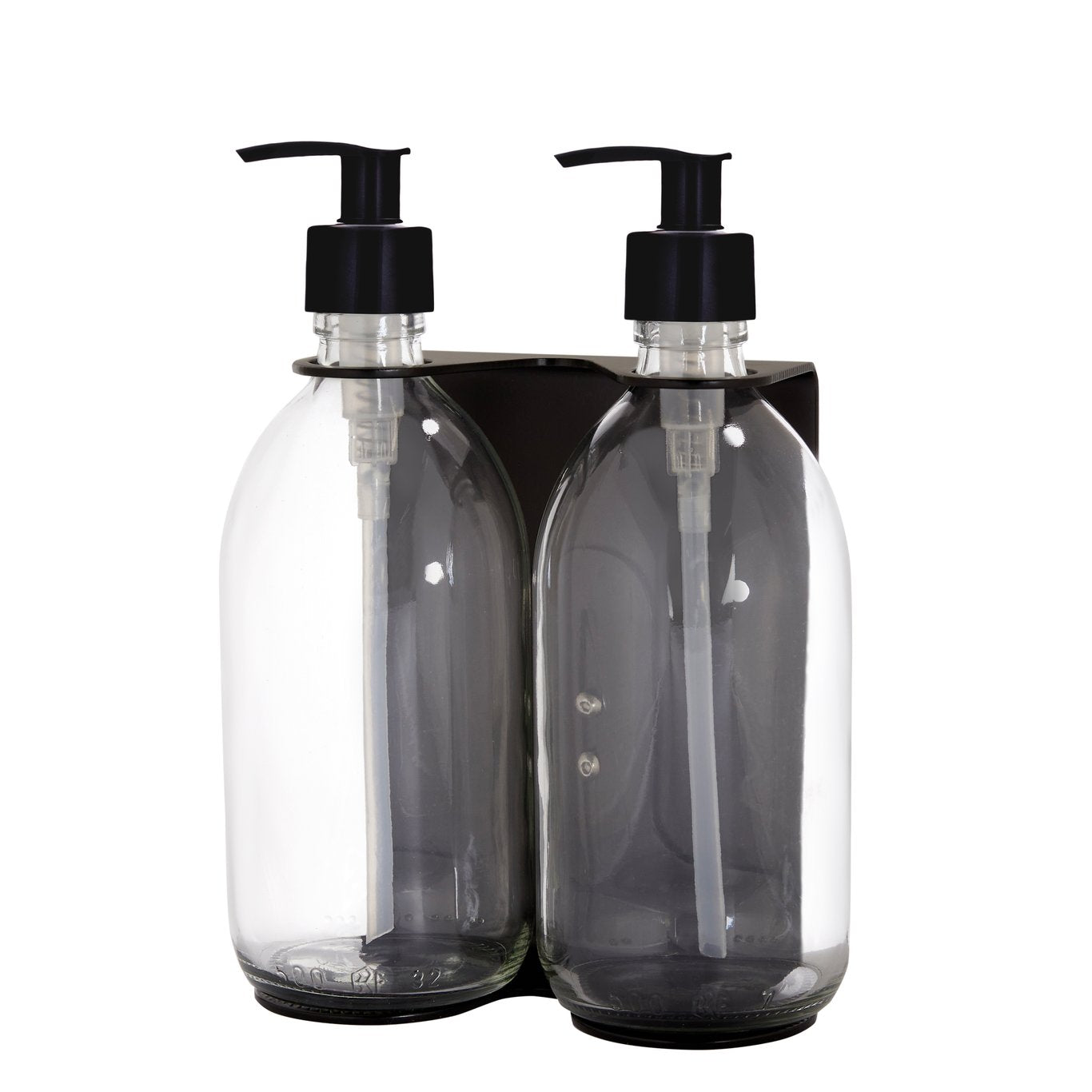 Two clear bottles with black pumps in a black holder on a white background