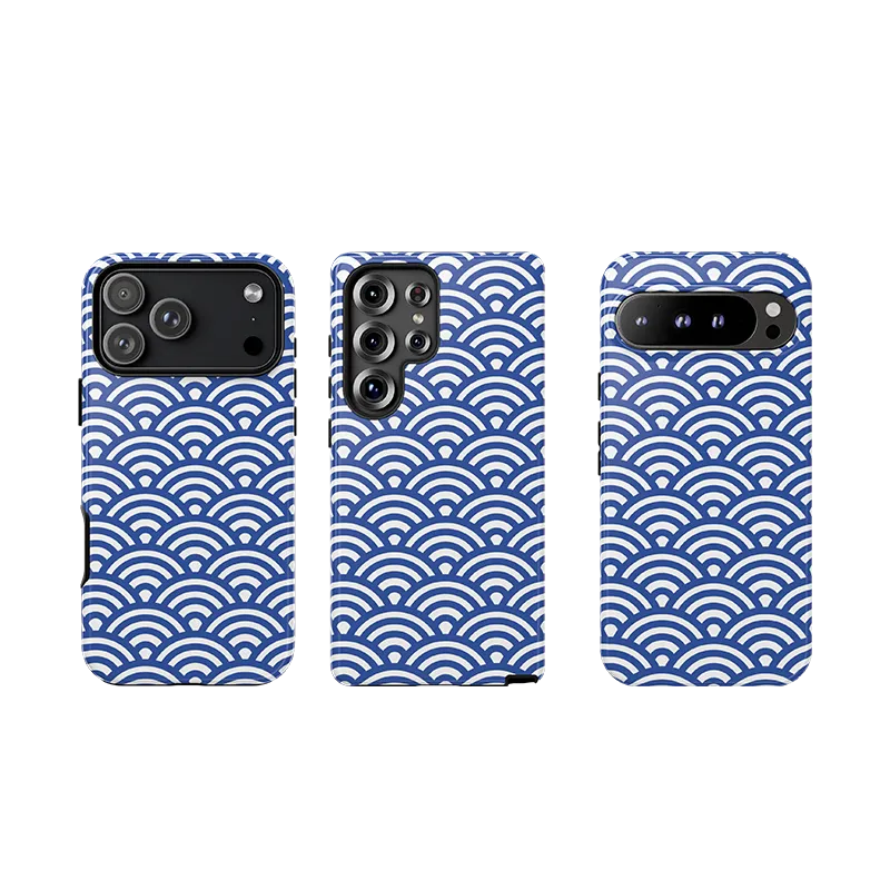 Three phone cases for iPhone, Samsung Galaxy, and Google Pixel with blue wave pattern on a white background