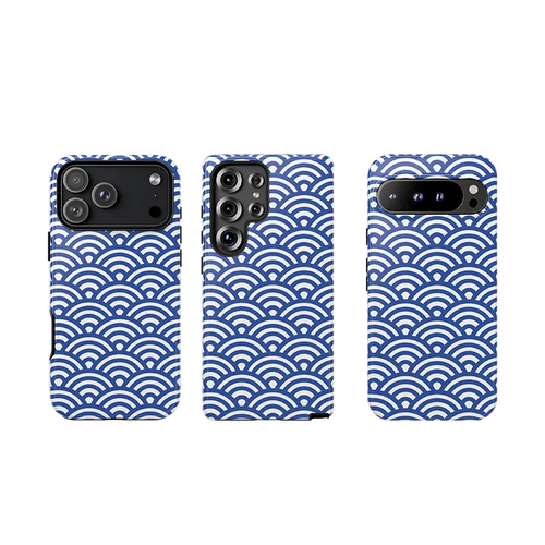Three phone cases for iPhone, Samsung Galaxy, and Google Pixel with blue wave pattern on a white background