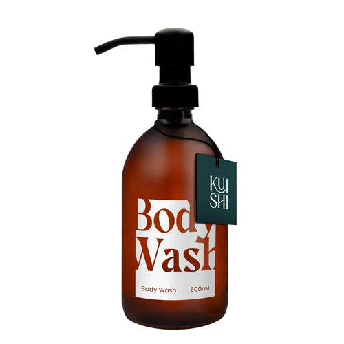 Brown Plastic Dispensers of body wash with pump and 'KUSHI' label on a white background