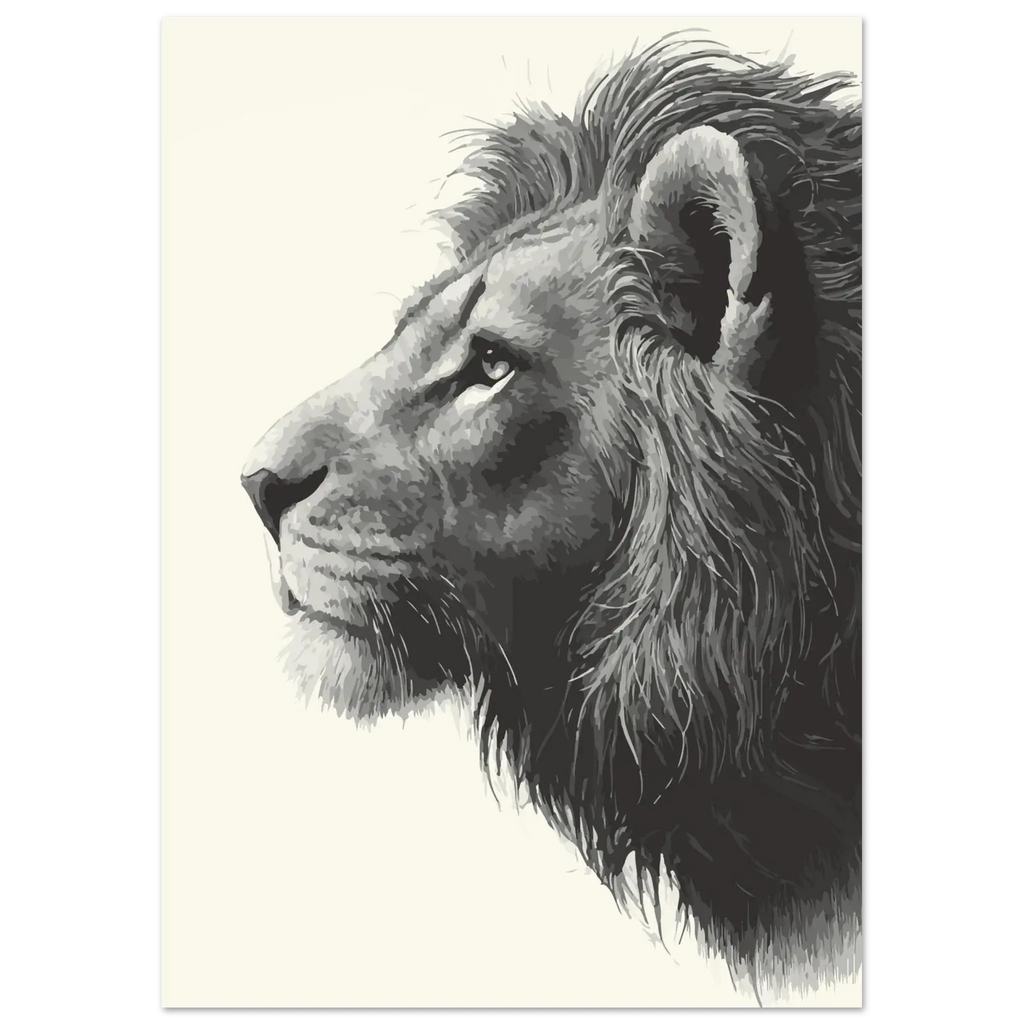 Black and white illustration of a lion's head on a light background
