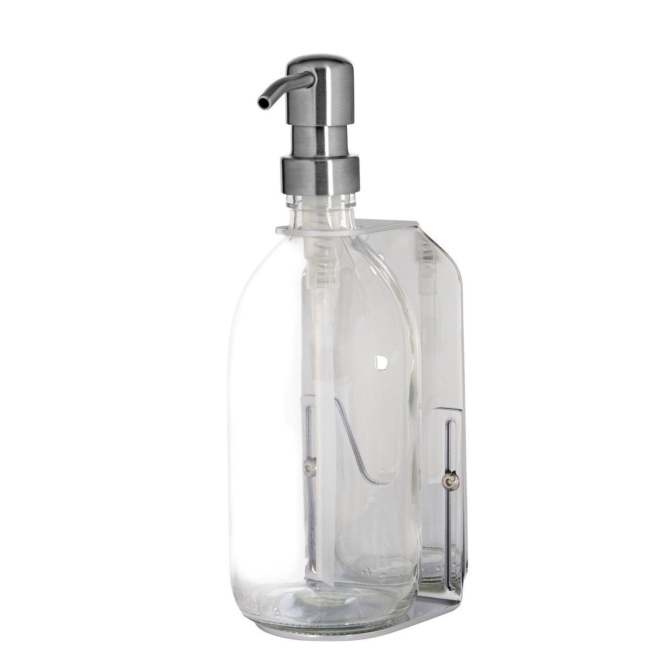 Clear glass soap dispenser with silver pump on a white background