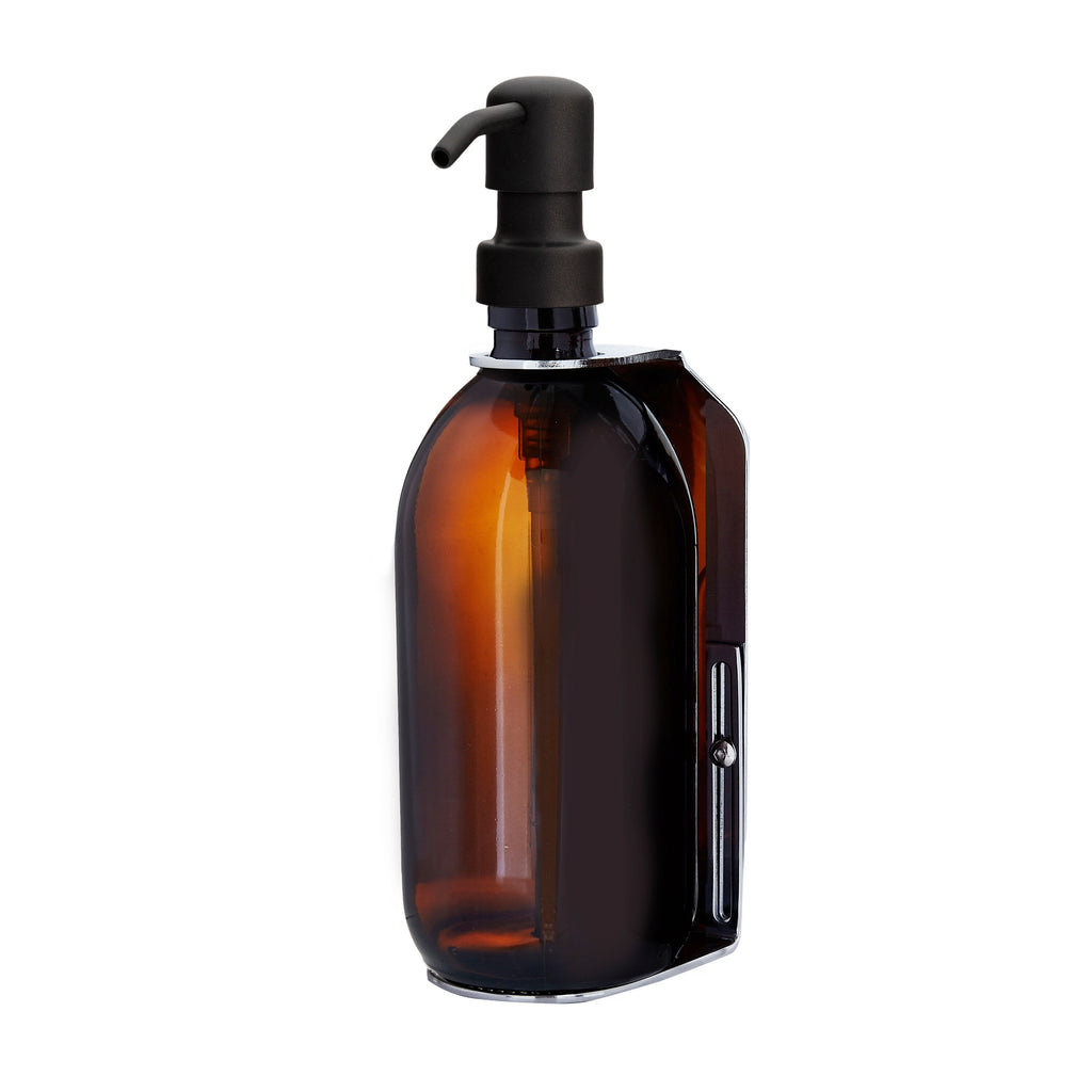 Amber bottle with black pump on a white background