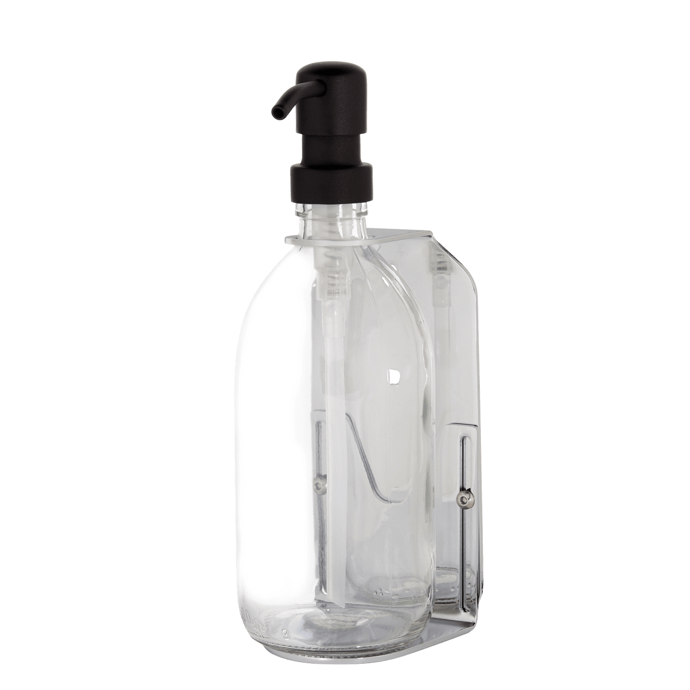 Clear glass bottle with black pump on a dark gray background