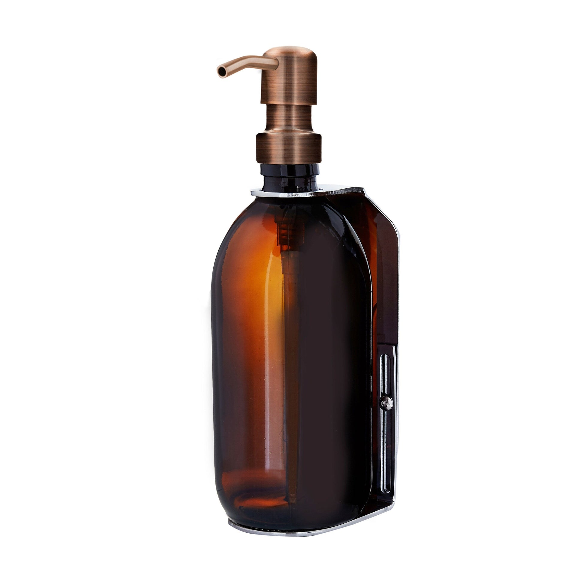 Amber glass bottle with bronze pump on a white background