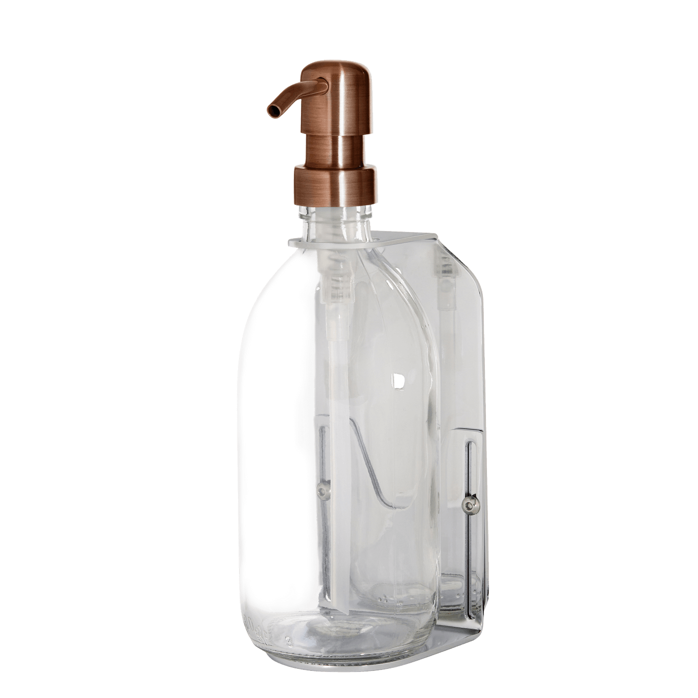 Clear glass bottle with copper pump on a dark gray background