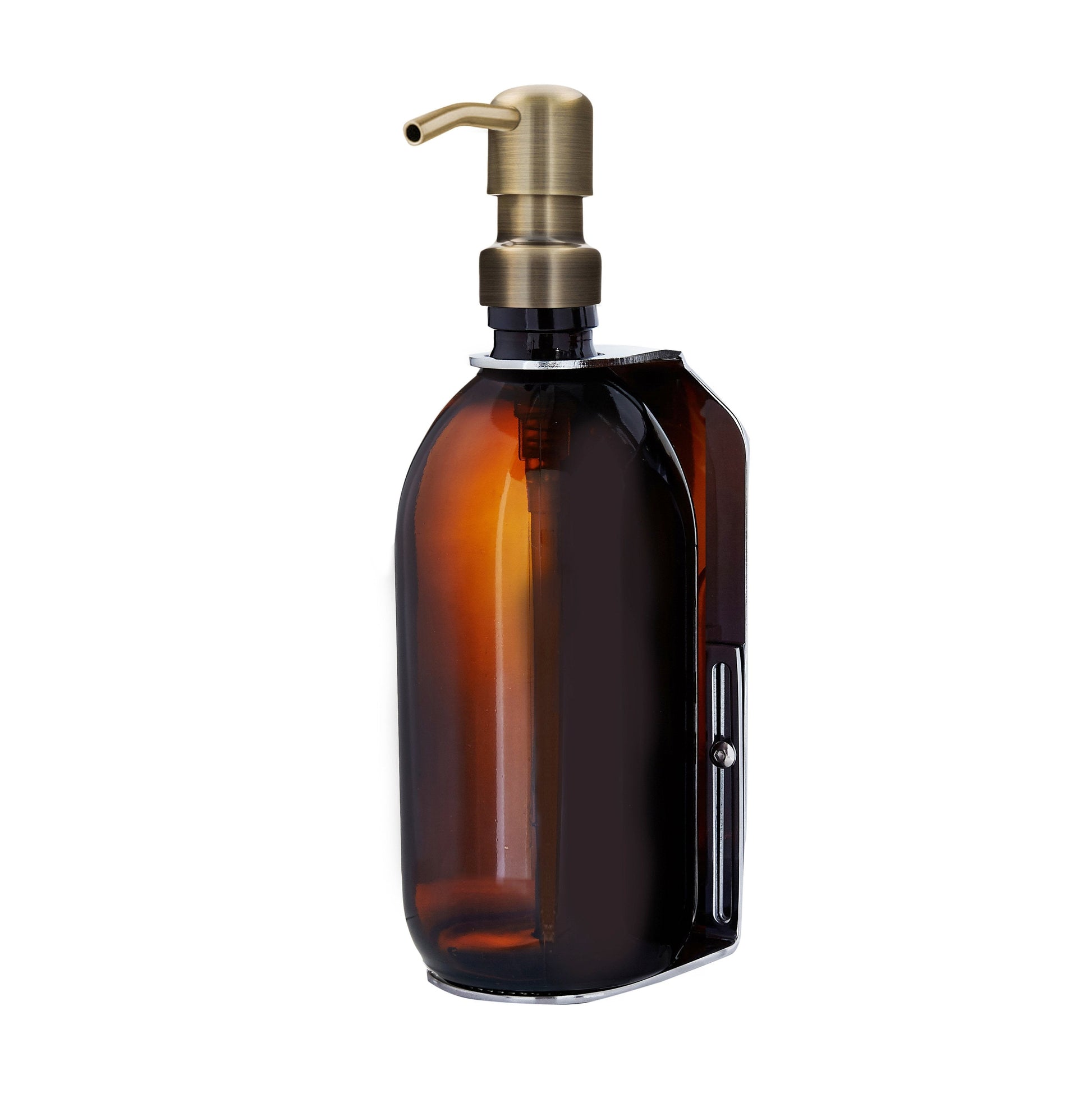 Brown glass bottle with a gold pump on a white background