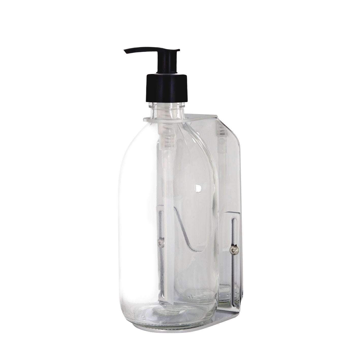 Clear glass bottle with black pump on a white background