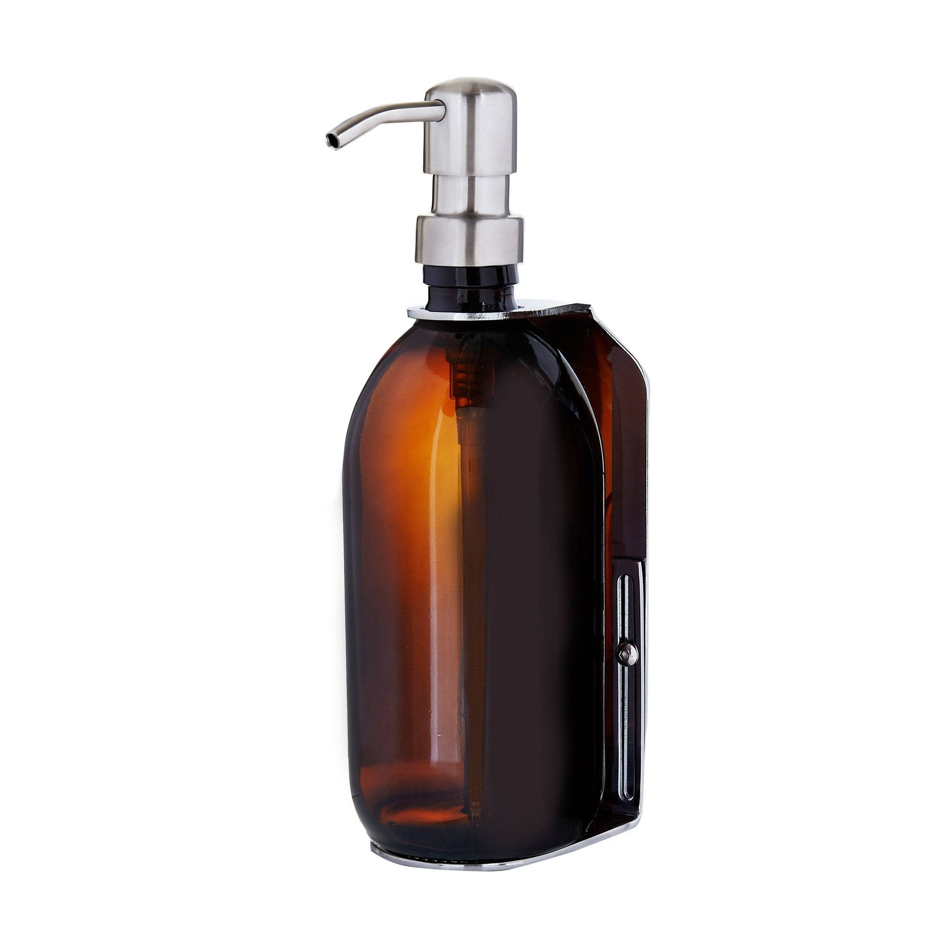 Amber glass bottle with silver pump on a white background